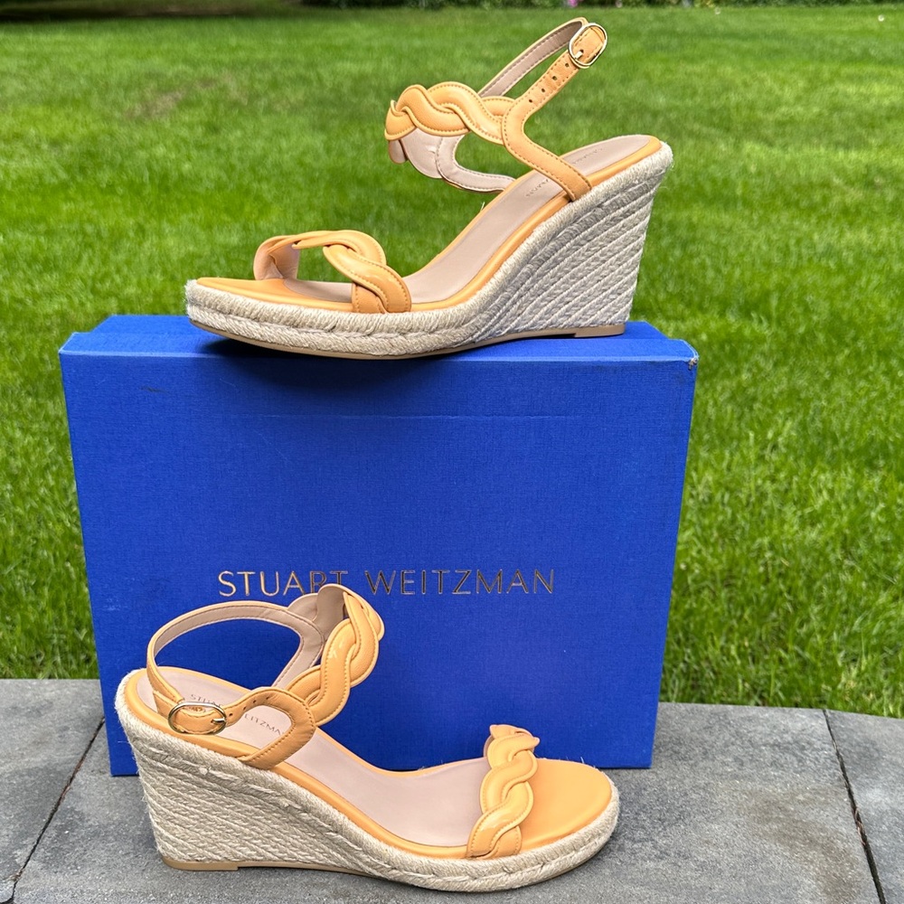 Stuart Weitzman Braided sorbet tangerine Leather Espadrille Wedges